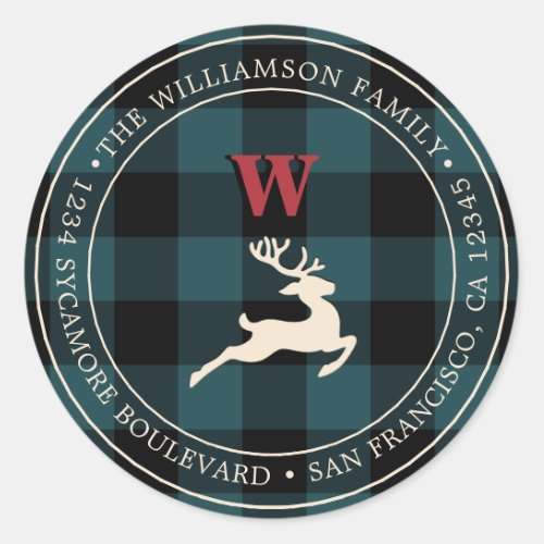Christmas Holiday Red Monogram Deep Teal Gingham Classic Round Sticker