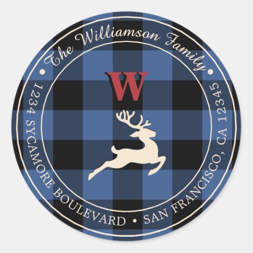 Christmas Holiday Red Monogram Deer Blue Gingham C Classic Round Sticker