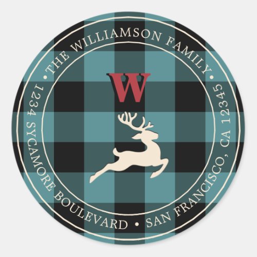 Christmas Holiday Red Monogram Teal Gingham Classic Round Sticker