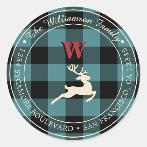 Christmas Holiday Red Monogram Teal Gingham Classic Round Sticker