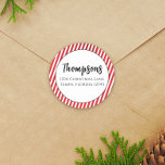 Christmas Holiday Red Stripe Return Address Cute  Classic Round Sticker<br><div class="desc">Christmas holiday red simple cute,  minimalist minimal return address label,  fun classic striped stripes stripe,  candy cane stripe red white,  cute whimsical typography text font,  chic festive colorful Xmas,  stylish calligraphy script family name,  trendy minimal modern style,  simple Christmas sticker label,  a Christmas holiday greeting envelope seal</div>