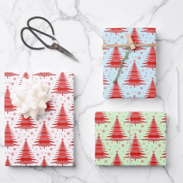 Christmas Holiday Red Trees Pattern Gift Wrapping Paper Sheets (Front)