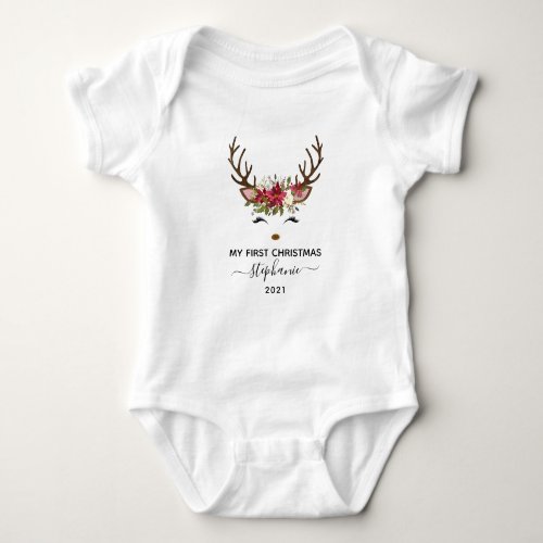 Christmas Holiday Reindeer Floral Personalized Baby Bodysuit