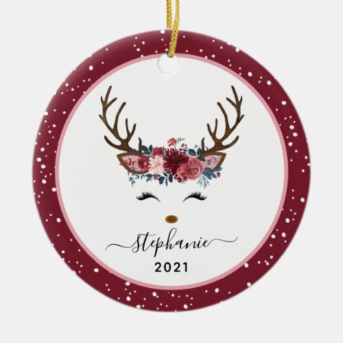 Christmas Holiday Reindeer Floral Personalized Ceramic Ornament
