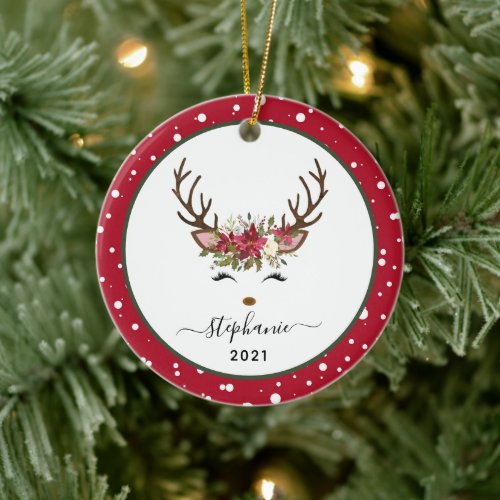 Christmas Holiday Reindeer Floral Personalized Ceramic Ornament
