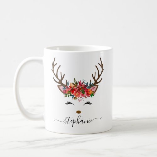 Christmas Holiday Reindeer Floral Personalized Coffee Mug