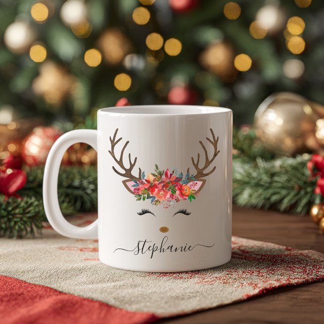 Christmas Holiday Reindeer Floral Personalized Coffee Mug (Christmas Holiday Reindeer Floral Personalized Coffee Mug)
