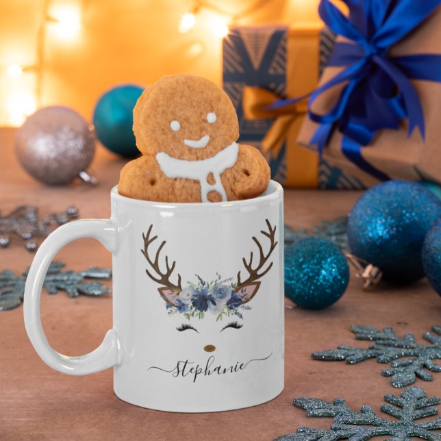 Christmas Holiday Reindeer Floral Personalized Coffee Mug (Christmas Holiday Reindeer Floral Personalized Coffee Mug)
