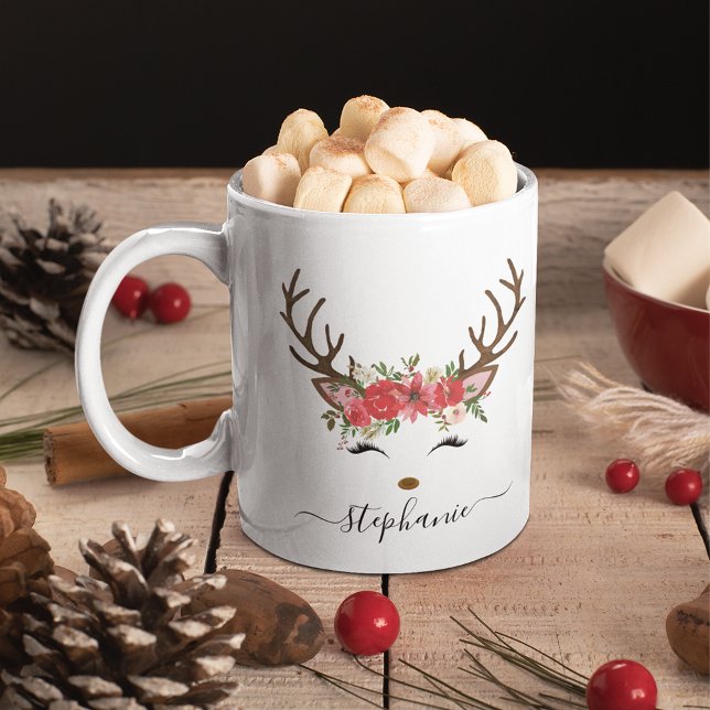 Christmas Holiday Reindeer Floral Personalized Mug (Creator Uploaded)