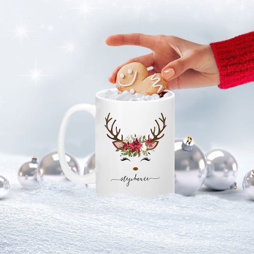 Christmas Holiday Reindeer Floral Personalized Two_Tone Coffee Mug
