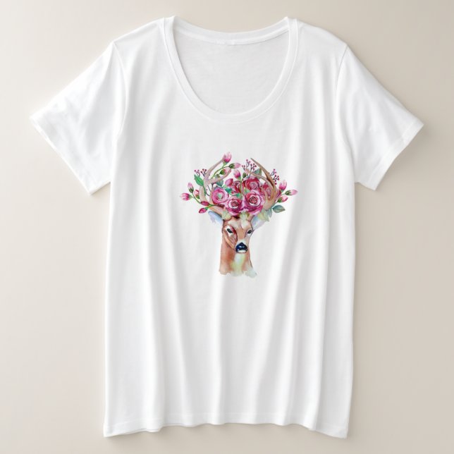 Christmas Holiday Reindeer Pink Roses Flowers Plus Size T-Shirt (Design Front)