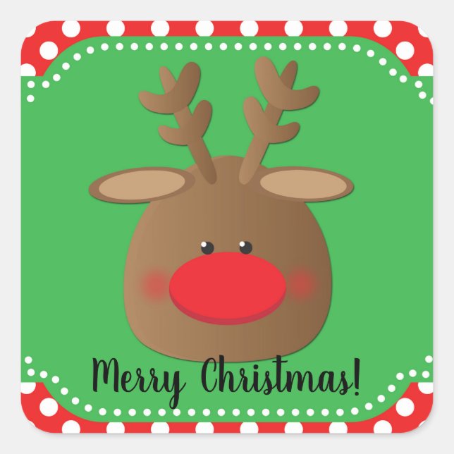 Christmas Holiday Reindeer Polka Dot Favor Treat Square Sticker (Front)
