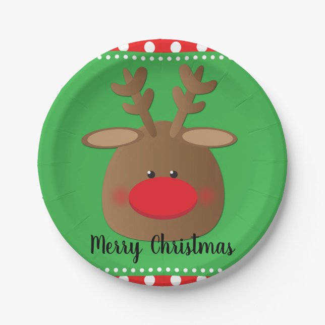 Christmas Holiday Reindeer Polka Dot Party Custom Paper Plates (Front)