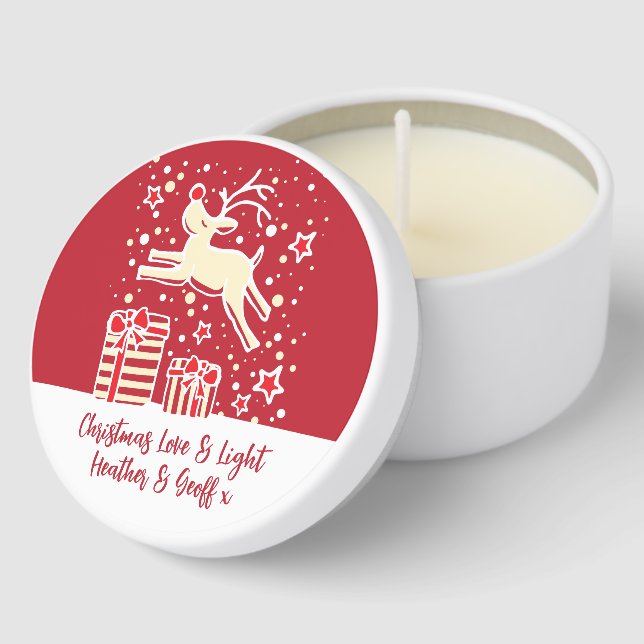 Christmas holiday reindeer prancing gifts red mini candle favors (Corner)