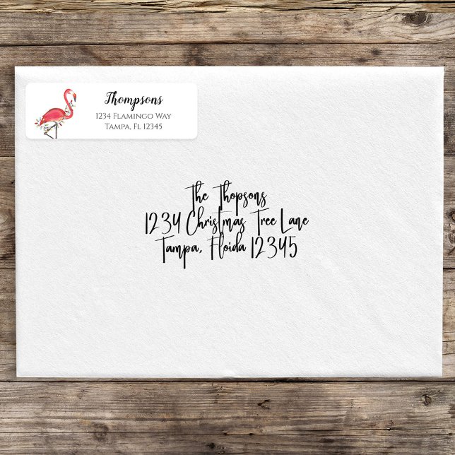 Christmas Holiday Return Address Pink Flamingos Label (Christmas holiday lights pink flamingo return address labels. )