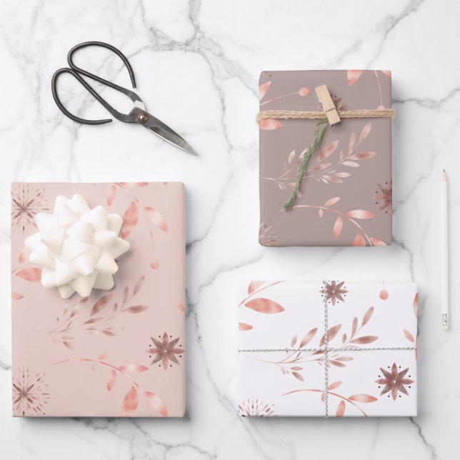 Christmas Holiday Rose Gold Leaves and Stars Wrapping Paper Sheets (Front)