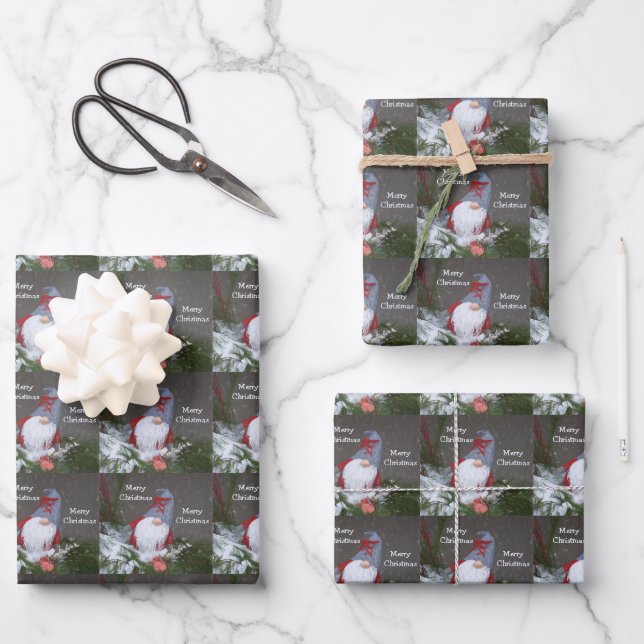 Christmas Holiday Rustic Red Gray Gnome Pattern Wrapping Paper Sheets (Front)