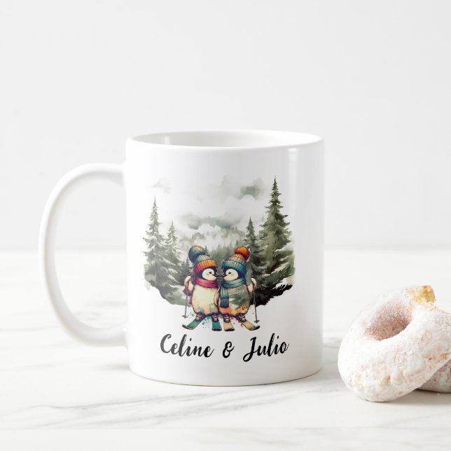 Christmas Holiday Rustic Skiing Penguin Red Green Coffee Mug (With Donut)