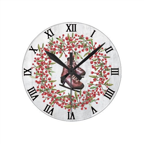 Christmas Holiday Rustic Wreath and Skates Round Clock