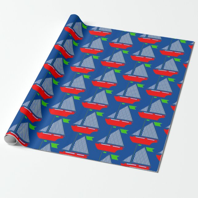 Christmas Holiday Sailboat  Wrapping Paper (Unrolled)