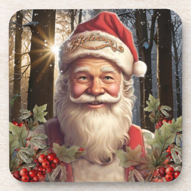 Christmas holiday Santa Claus snowy woodland Beverage Coaster (Front)