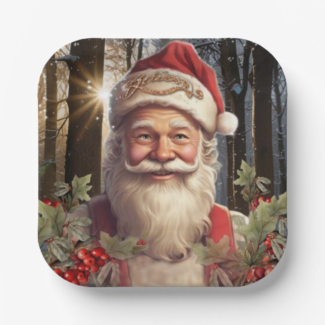 Christmas holiday Santa Claus snowy woodland Paper Plates (Front)