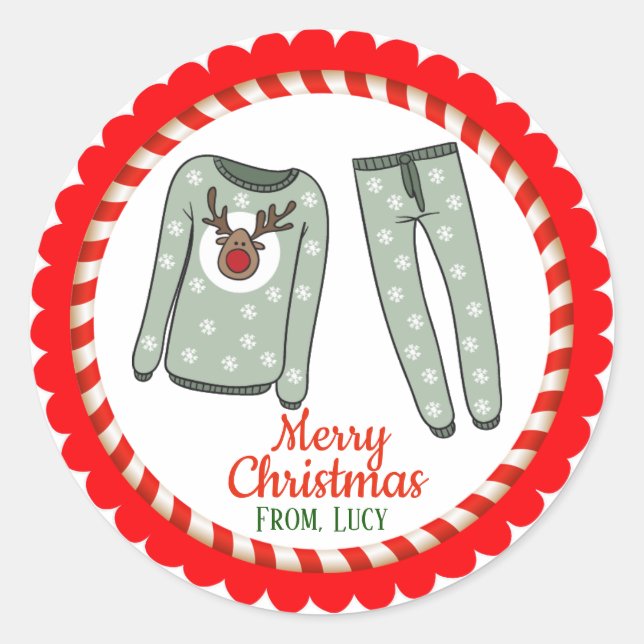 Christmas Holiday Santa Pajamas Classic Round Sticker (Front)