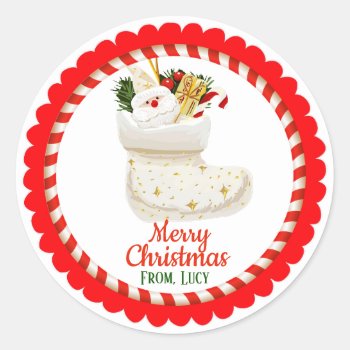 Christmas Holiday Santa Stocking Gift Bag Classic Round Sticker by ThreeFoursDesign at Zazzle