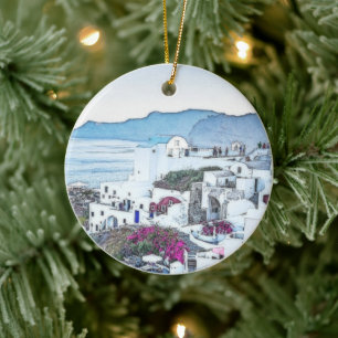 Christmas Holiday Santorini Greece Tourist Ceramic Ornament