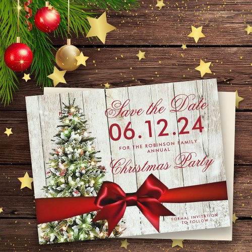 Christmas Holiday Save Date  Tree  Red Ribbon Announcement Postcard