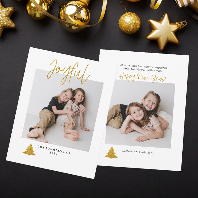 Christmas Holiday Script Photo Minimalist Holidays Note Card (Joyful 2 Photos Family Script Modern Christmas Holidays Greetings Card)