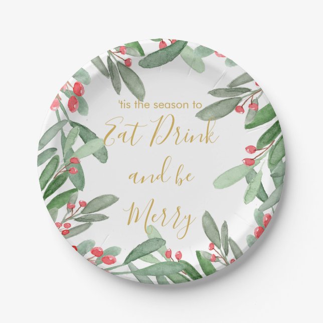 Christmas Holiday Season  Holly Wreath Bright Paper Plates (Front)