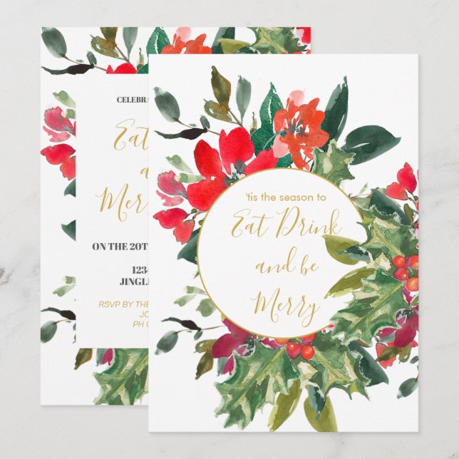 Christmas Holiday Season Holly Wreath Gold Invitation (Front/Back)