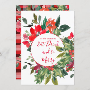 Christmas Holiday Season Holly Wreath Red Invitation
