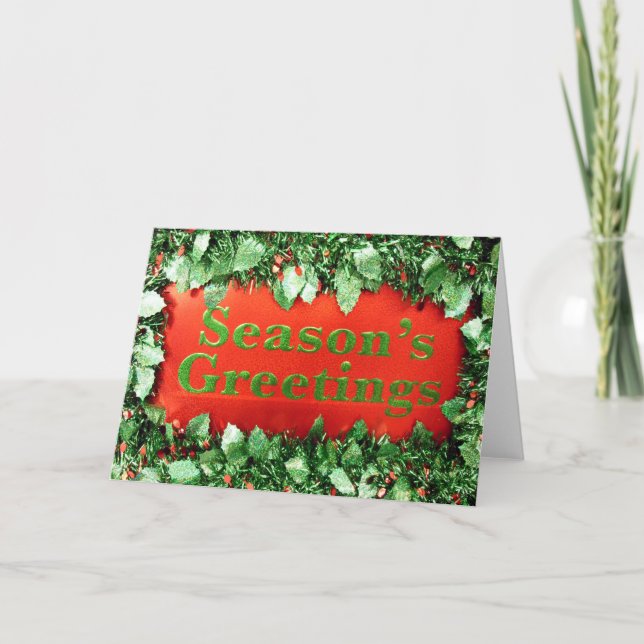 Christmas Holiday Seasons Greetings Glitter Holly Card (Front)