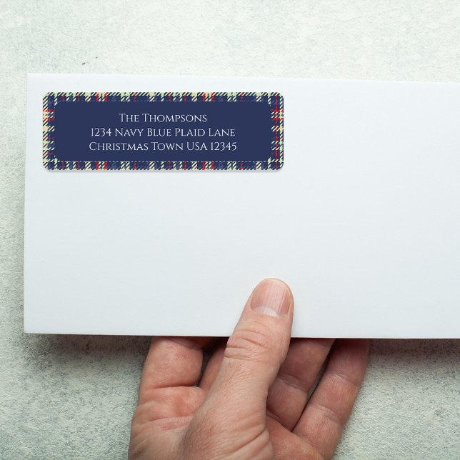 Christmas Holiday Simple Navy Blue Red Plaid  Label (Simple Navy blue, red, and green plaid pattern return address label. )
