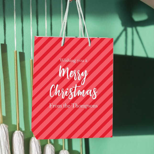 Christmas Holiday Simple Red Minimalist Cute Medium Gift Bag (Merry Christmas whimsical striped holiday custom gift bag)