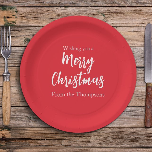 Christmas Holiday Simple Red Minimalist Cute Paper Plates (Simple Merry Christmas cute red and white calligraphy script paper plate)