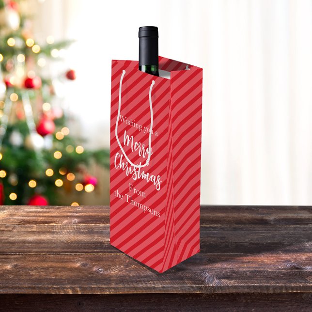 Christmas Holiday Simple Red Minimalist Cute Wine Gift Bag (Merry Christmas red striped wine custom gift bag)