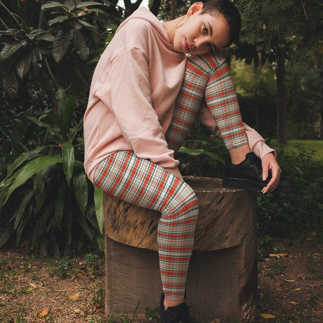 Christmas Holiday Simple Rustic Red Green Plaid Leggings (Holiday red and green classic plaid pattern.)