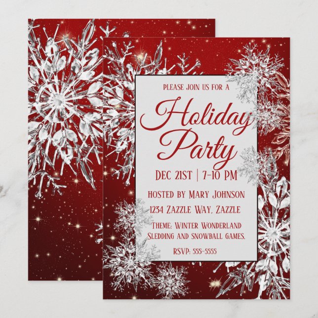 Christmas Holiday Snowflake Flurry red Invitation (Front/Back)