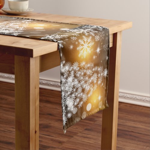 Christmas Holiday Snowflakes Gold Sparkle Short Table Runner