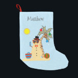 Christmas Holiday Snowman Beach Tropical Small Christmas Stocking<br><div class="desc">This design was created though digital art. It may be personalized in the area provided or customizing by choosing the click to customize further option and changing the name, initials or words. You may also change the text color and style or delete the text for an image only design. Contact...</div>