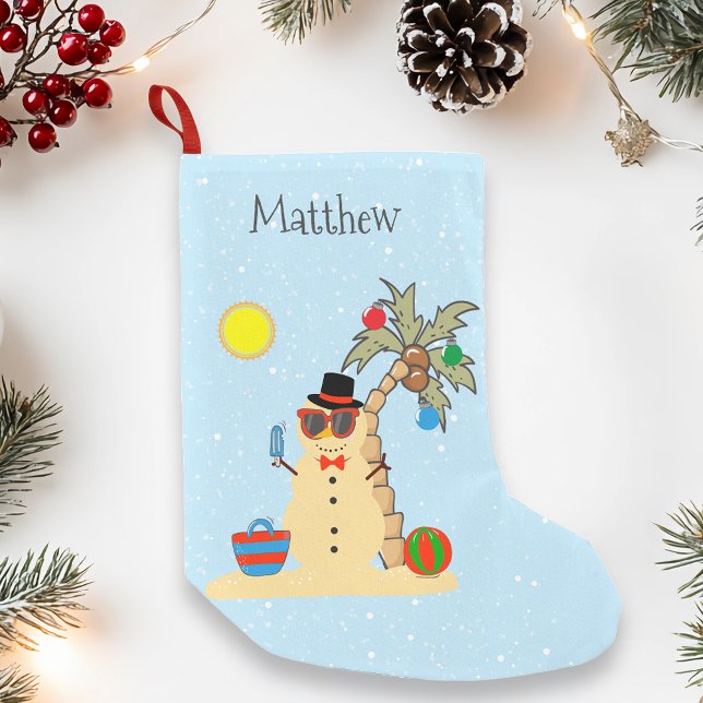 Christmas Holiday Snowman Beach Tropical Small Christmas Stocking (Creator Uploaded)