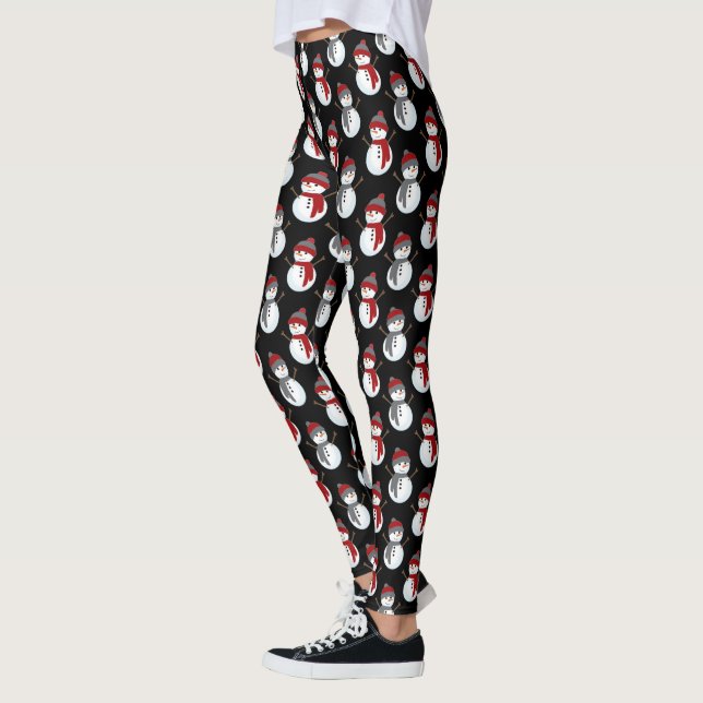 Christmas Holiday Snowman Black Cute Pattern Leggings (Left)