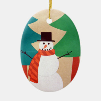 Christmas Holiday Snowman & Trees Ceramic Ornament