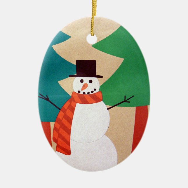 Christmas Holiday Snowman & Trees Ceramic Ornament (Front)