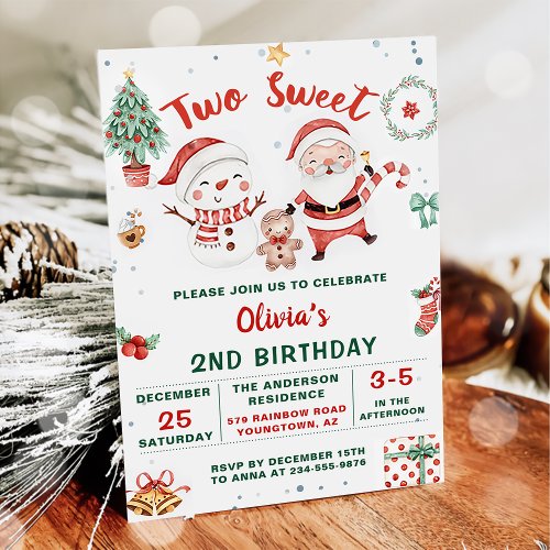 Christmas Holiday Snowman Two Sweet  2nd Birthday Invitation