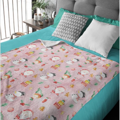 Christmas Holiday Snowman Watercolor Pink  Fleece Blanket