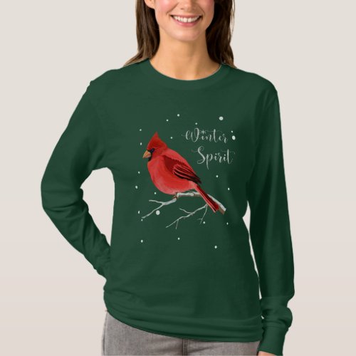 Christmas Holiday Snowy Red Cardinal Bird Womens T_Shirt